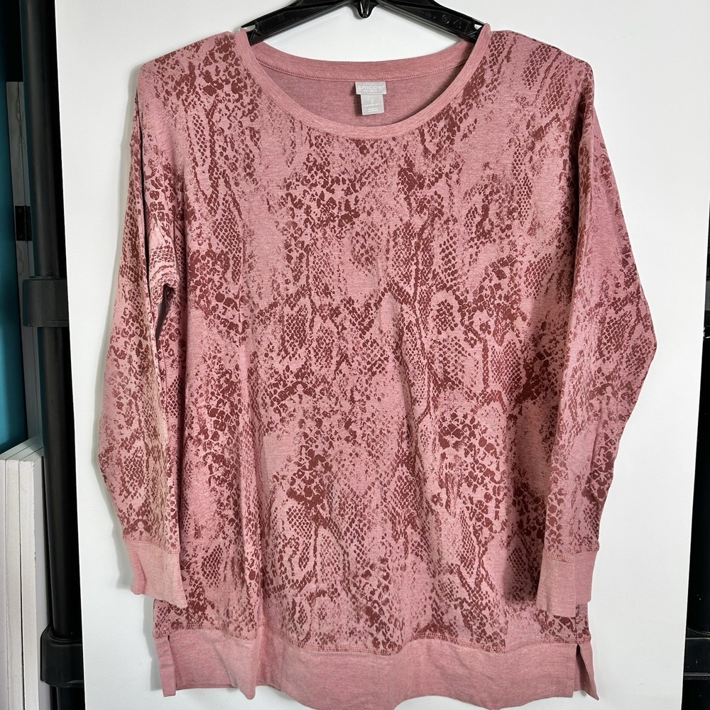 Chico's Womens Size 2 (12/14) Snake Print Pink Pullover Tunic‎ Top Thick T-shirt